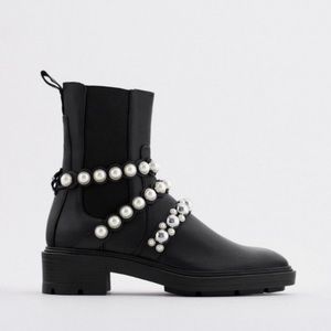 ZARA PEARL STRAP LOW HEELED LEATHER ANKLE BOOTS